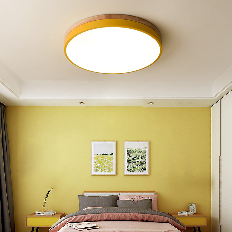 Mosrugs | Wooden Round Shape Flush Ceiling Light | LED. Solid Wood & Iron for Living Room. Dining Room & Hallway