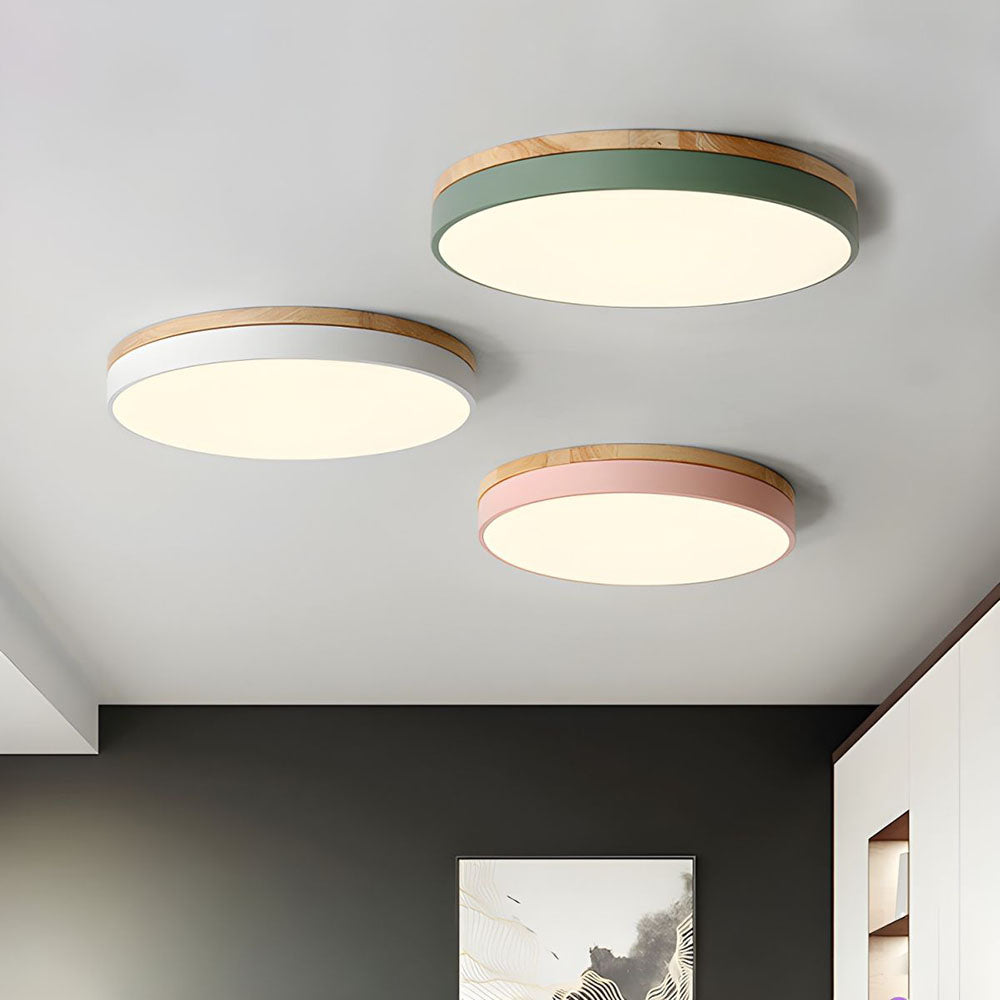 Mosrugs | Wooden Round Shape Flush Ceiling Light | LED. Solid Wood & Iron for Living Room. Dining Room & Hallway