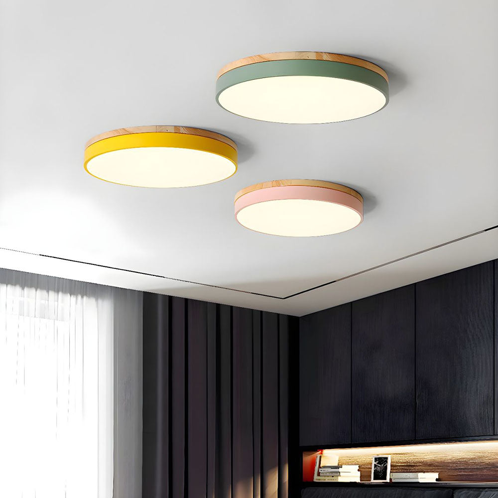 Mosrugs | Wooden Round Shape Flush Ceiling Light | LED. Solid Wood & Iron for Living Room. Dining Room & Hallway