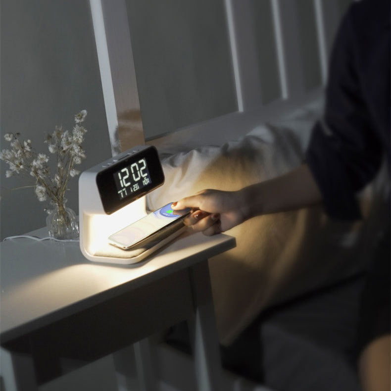 Mosrugs | 3-in-1 Bedside Lamp with Wireless Charger – LCD Alarm Clock & Touch Dimmable LED Table Lamp