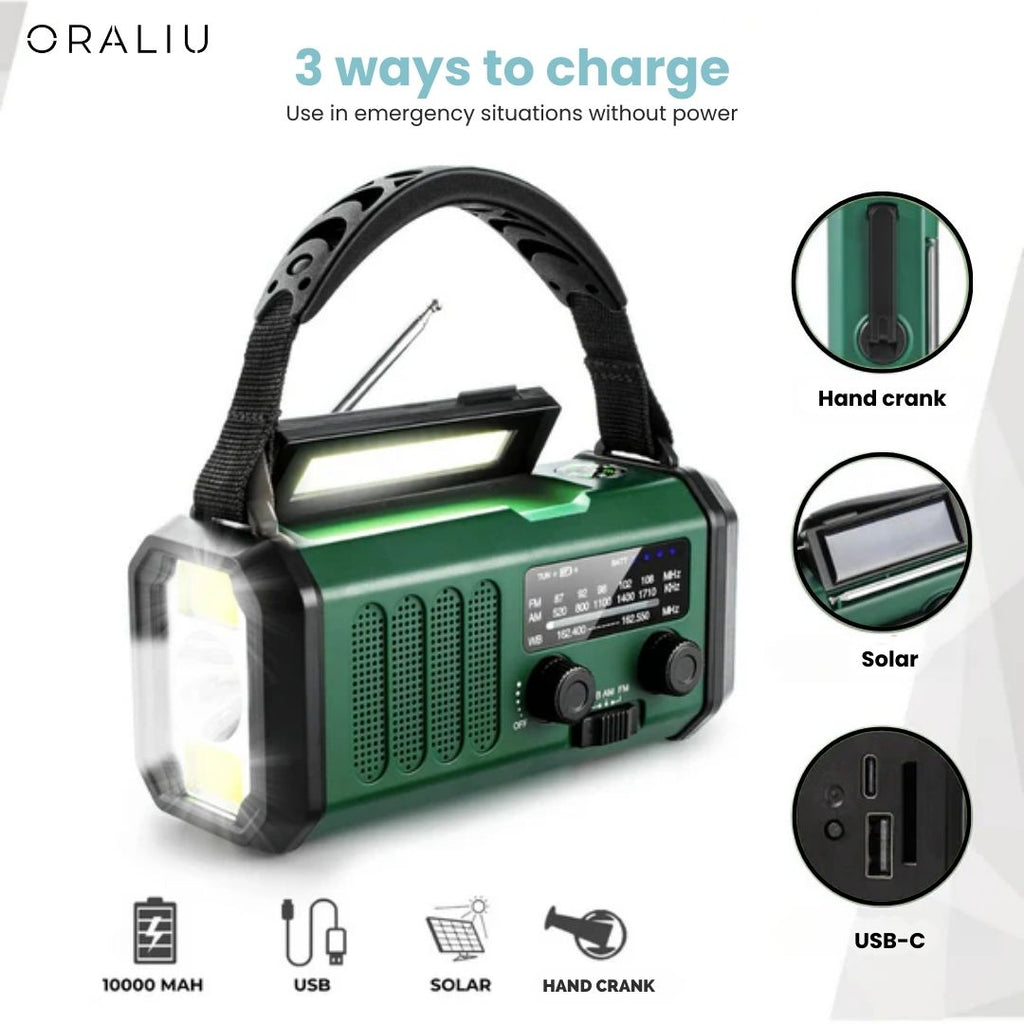 Mosrugs | Solar Emergency Radio with Power Bank – Hand Crank & LED Torch for Camping and Outdoor Use