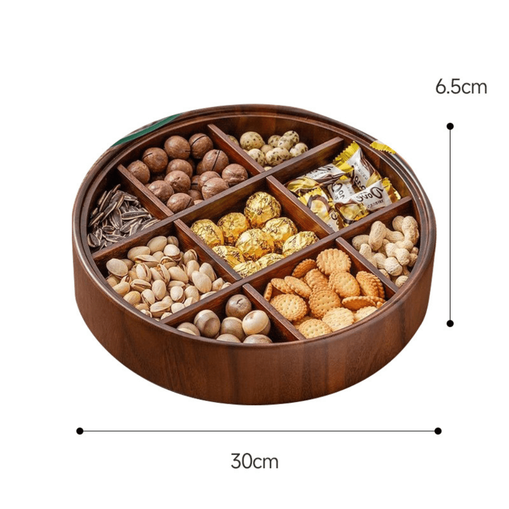 Mosrugs | BambooSpin – 9-Compartment Serving Tray with Rotating Lid | Premium Bamboo Snack Platter