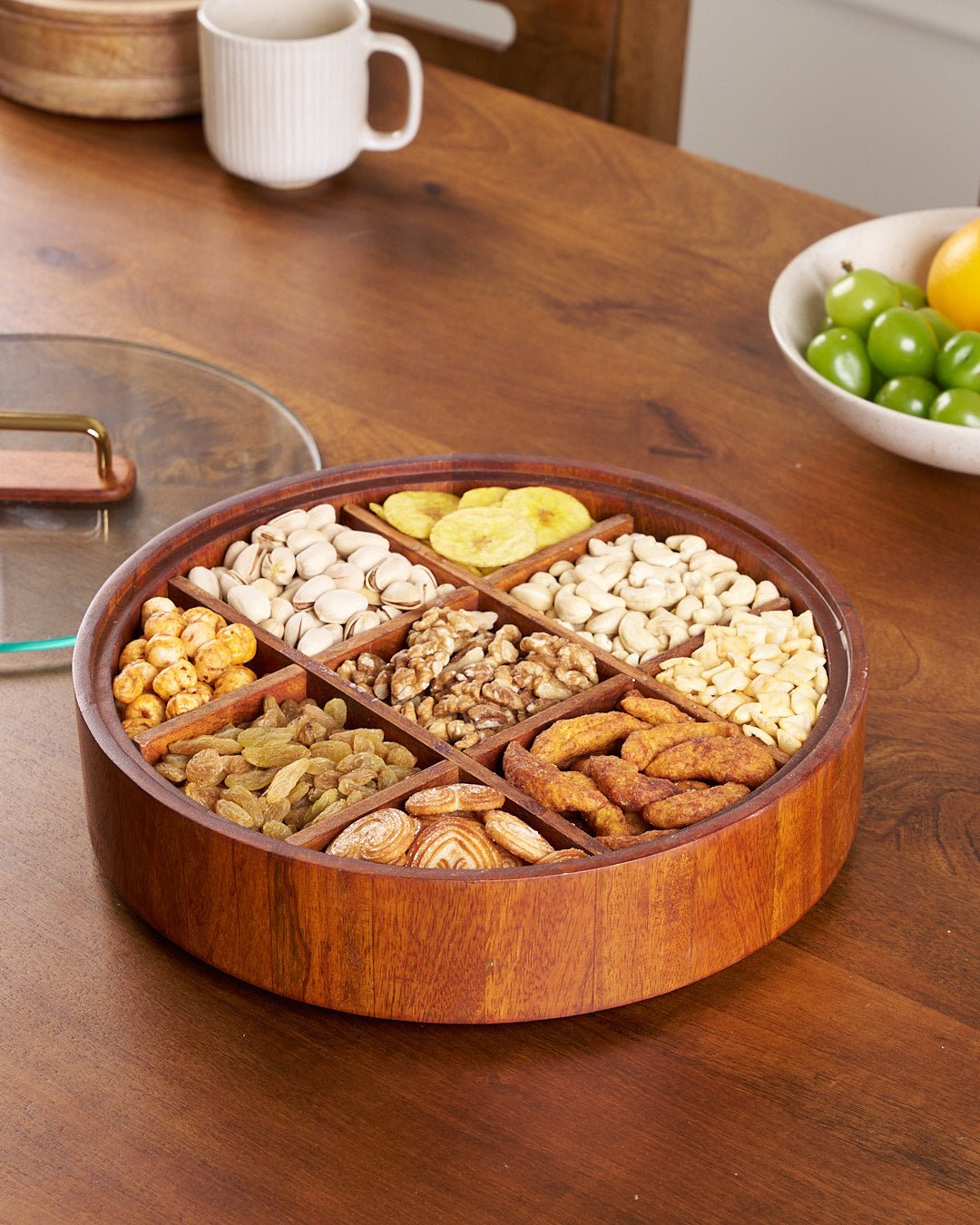 Mosrugs | BambooSpin – 9-Compartment Serving Tray with Rotating Lid | Premium Bamboo Snack Platter