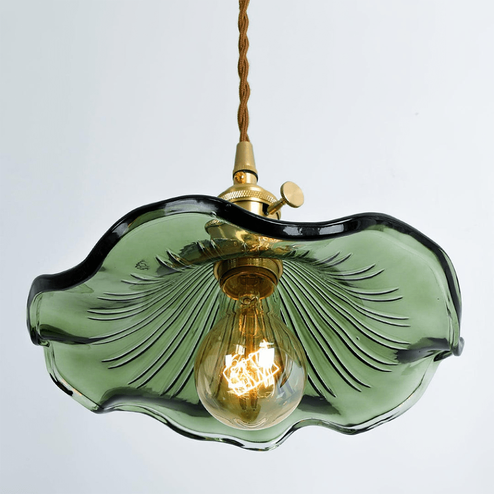 Mosrugs | Elegant Hibiscus Flower Pendant Light – Glass & Brass Hanging Lamp