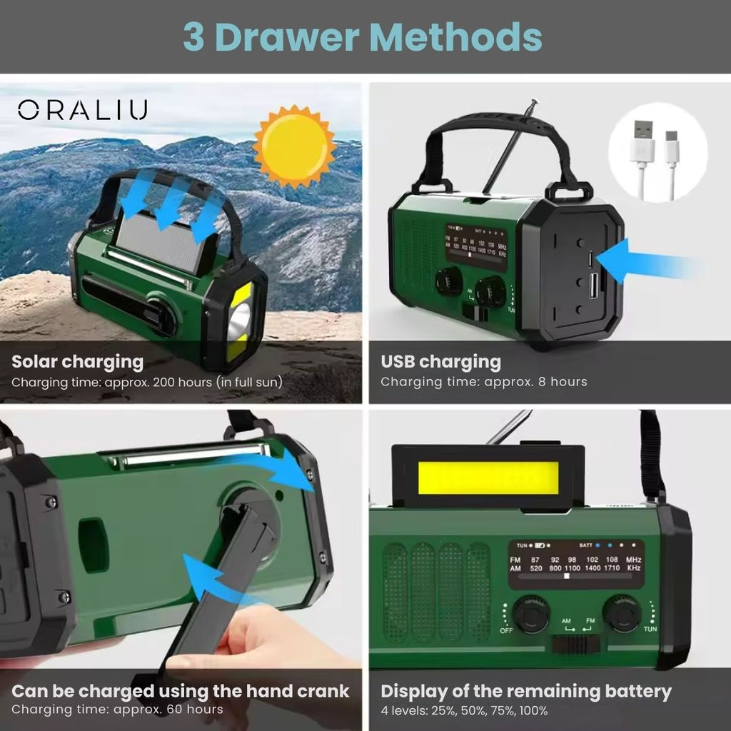 Mosrugs | Solar Emergency Radio with Power Bank – Hand Crank & LED Torch for Camping and Outdoor Use