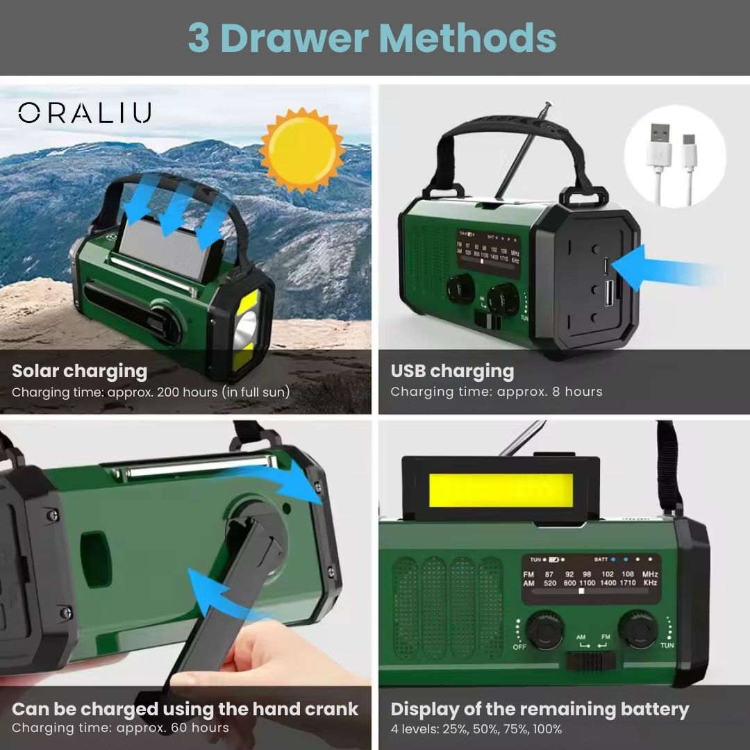 Mosrugs | Solar Emergency Radio with Power Bank – Hand Crank & LED Torch for Camping and Outdoor Use