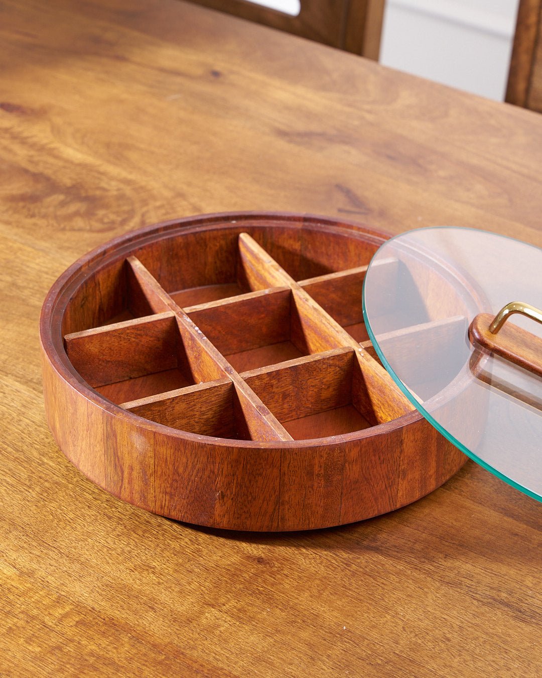 Mosrugs | BambooSpin – 9-Compartment Serving Tray with Rotating Lid | Premium Bamboo Snack Platter