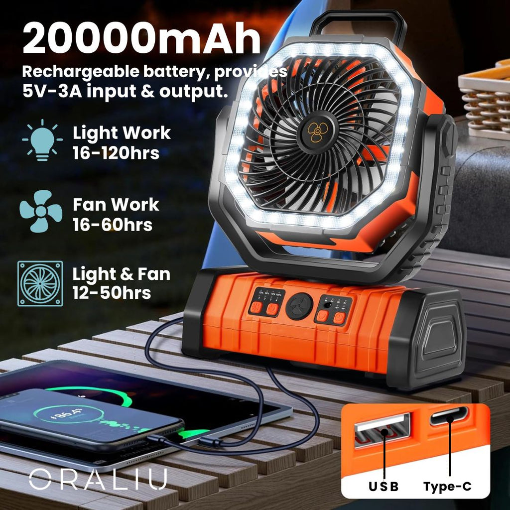 Mosrugs | 3-in-1 Camping Fan with LED Light & 20000mAh Power Bank – USB Rechargeable & Wireless