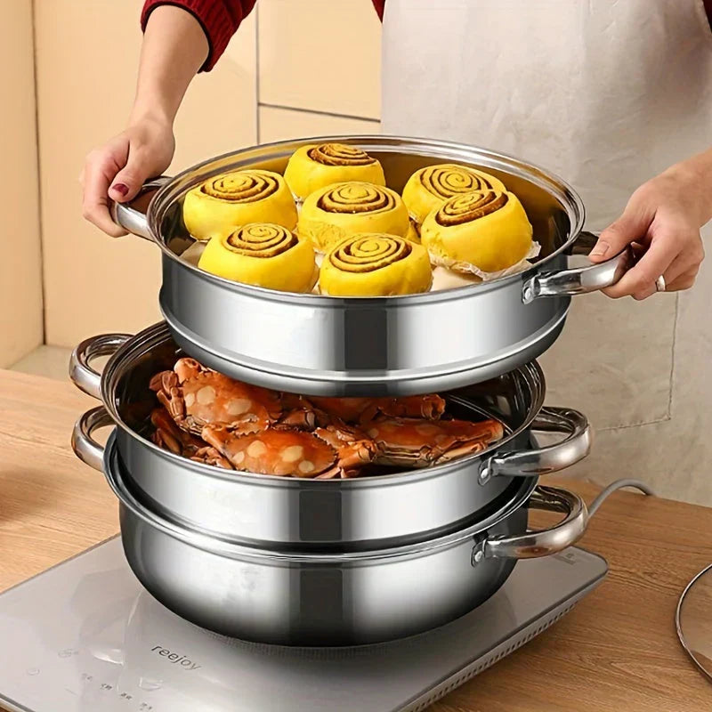 Mosrugs | Stainless Steel 3-Tier Steamer with Handles & Glass Lid – Healthy, Efficient Cooking