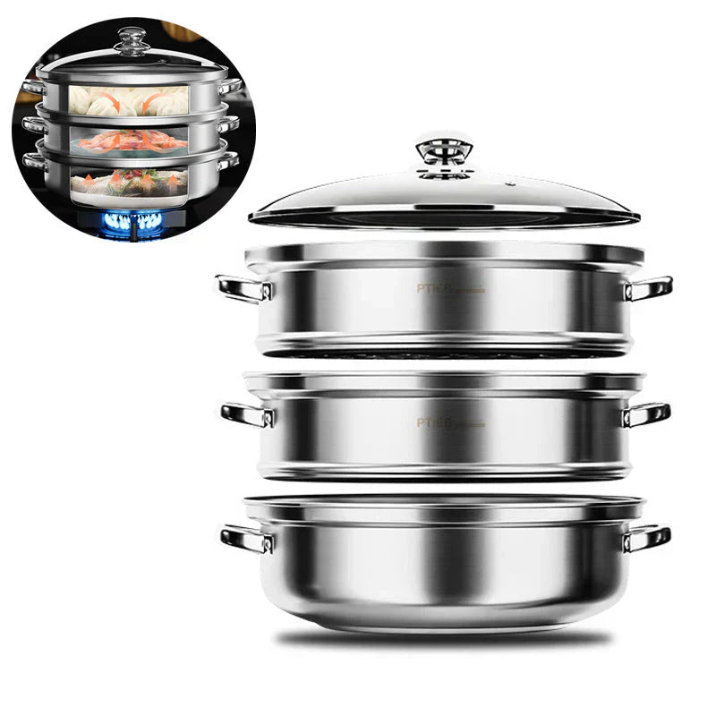 Mosrugs | Stainless Steel 3-Tier Steamer with Handles & Glass Lid – Healthy, Efficient Cooking