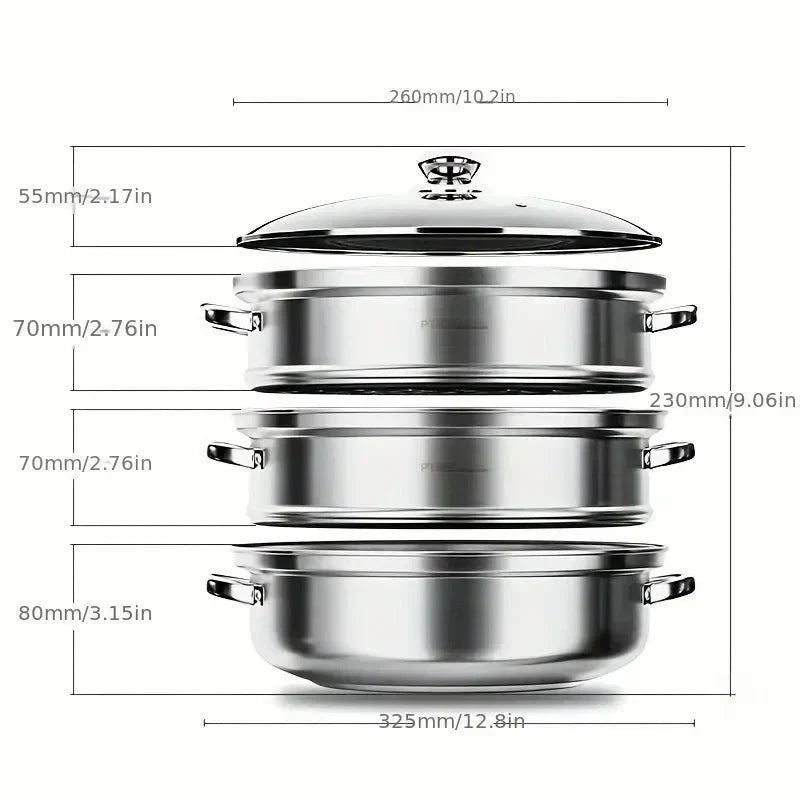 Mosrugs | Stainless Steel 3-Tier Steamer with Handles & Glass Lid – Healthy, Efficient Cooking