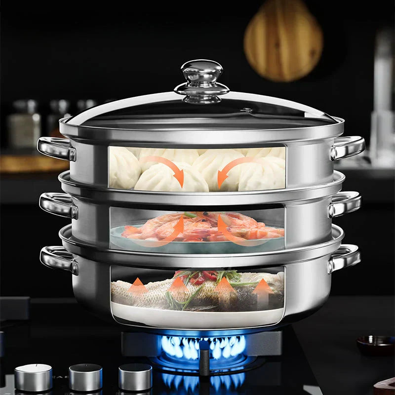 Mosrugs | Stainless Steel 3-Tier Steamer with Handles & Glass Lid – Healthy, Efficient Cooking