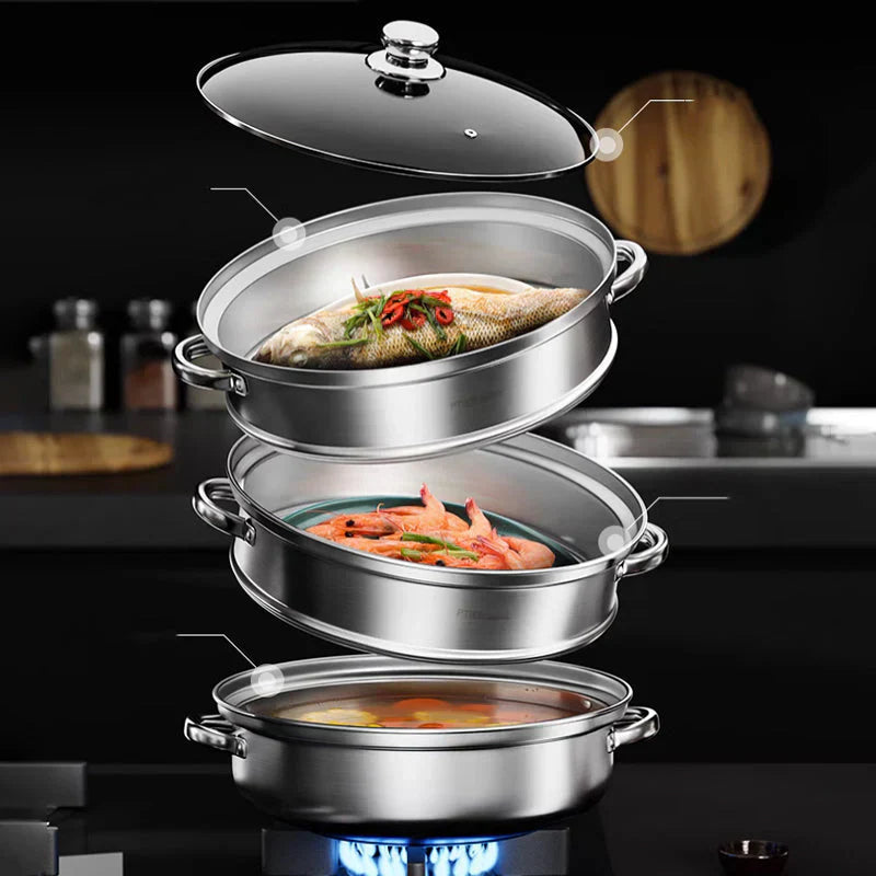 Mosrugs | Stainless Steel 3-Tier Steamer with Handles & Glass Lid – Healthy, Efficient Cooking