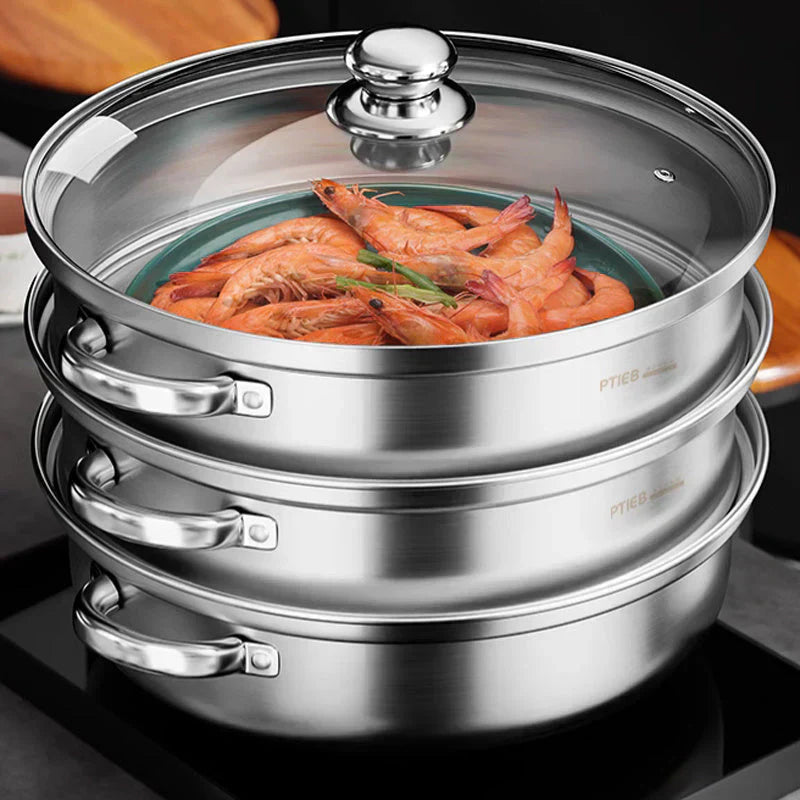 Mosrugs | Stainless Steel 3-Tier Steamer with Handles & Glass Lid – Healthy, Efficient Cooking