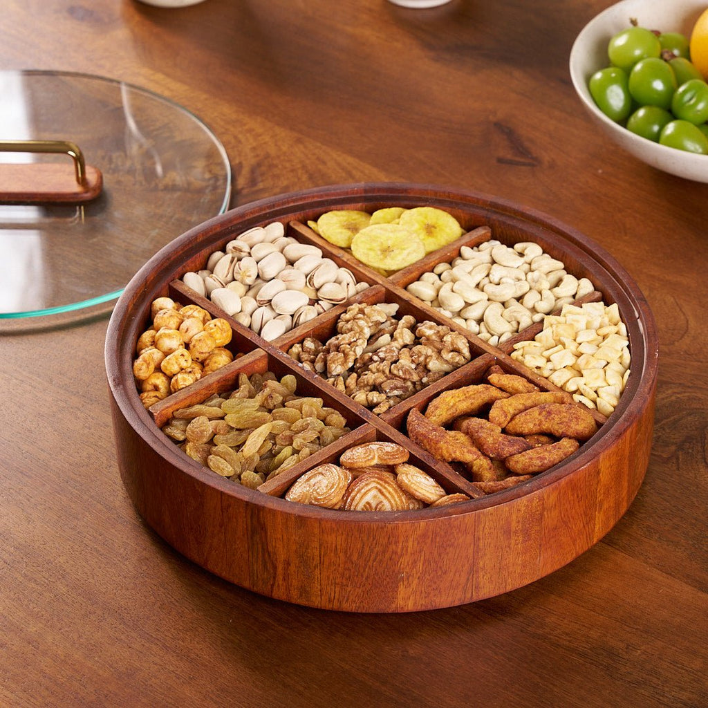 Mosrugs | BambooSpin – 9-Compartment Serving Tray with Rotating Lid | Premium Bamboo Snack Platter