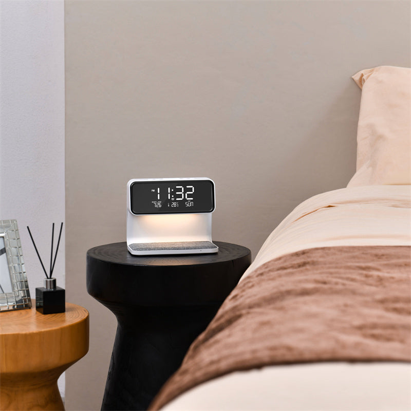Mosrugs | 3-in-1 Bedside Lamp with Wireless Charger – LCD Alarm Clock & Touch Dimmable LED Table Lamp