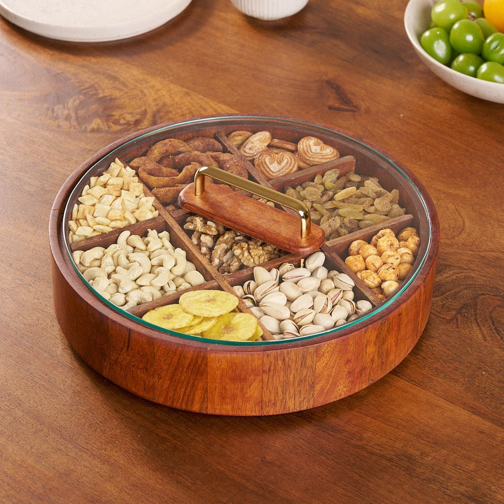 Mosrugs | BambooSpin – 9-Compartment Serving Tray with Rotating Lid | Premium Bamboo Snack Platter