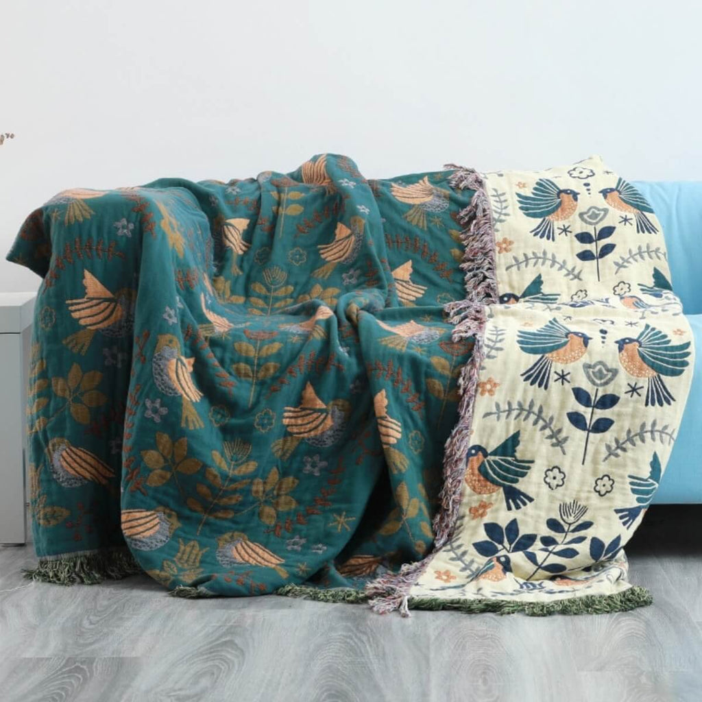 Mosrugs | Reversible Scandinavian Bird Throw Blanket – Cosy & Versatile for All Seasons