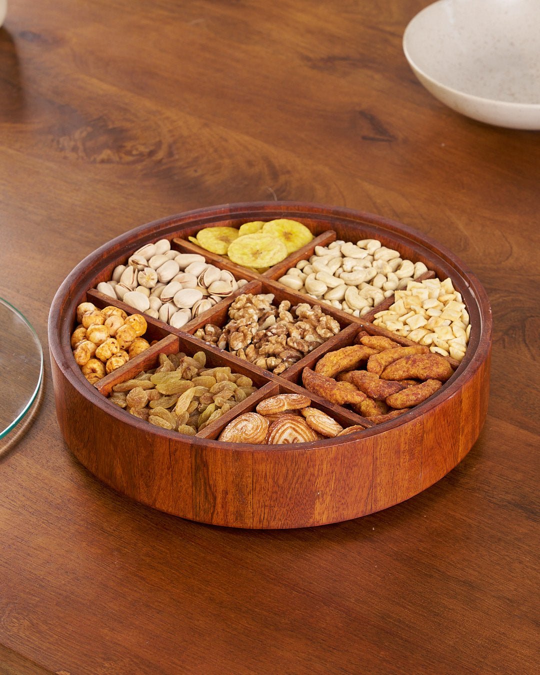 Mosrugs | BambooSpin – 9-Compartment Serving Tray with Rotating Lid | Premium Bamboo Snack Platter