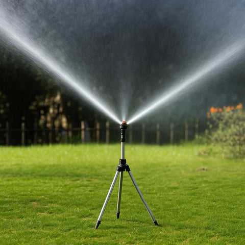 Mosrugs | High-Pressure Rotating Tripod Sprinkler | 360° Coverage, Adjustable Height & Quick Setup for Garden Care and Summer Fun