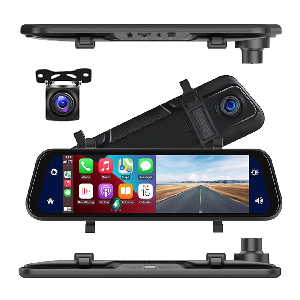 Mirror Dash Cam with 9.66-Inch Touchscreen, Dual 1280×720P Cameras and GPS
