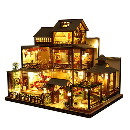 Mosrugs | Large Realistic Wooden Dollhouse with LED Lights | DIY Miniature Playhouse