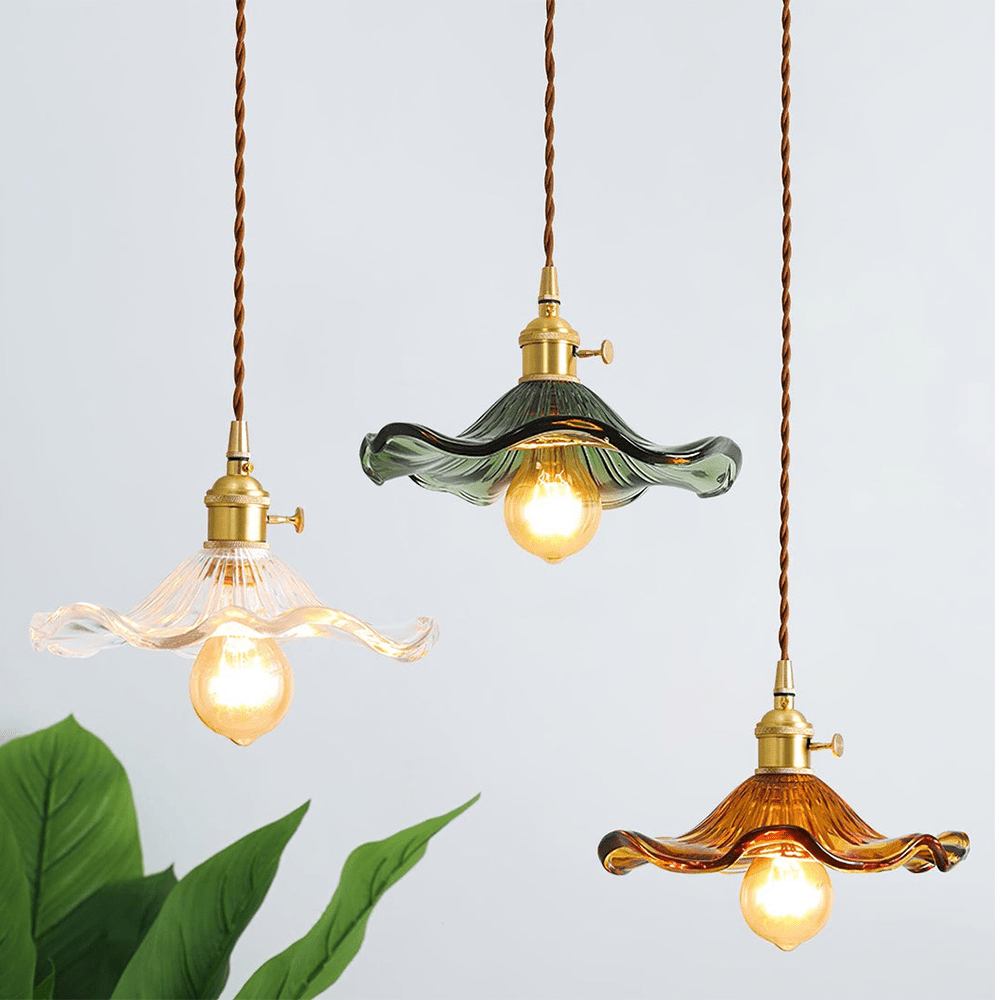 Mosrugs | Elegant Hibiscus Flower Pendant Light – Glass & Brass Hanging Lamp