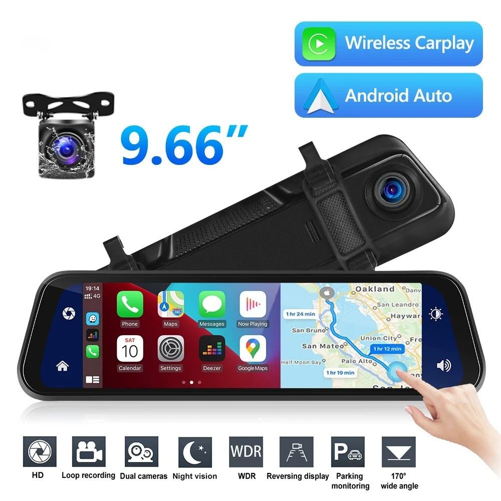 Mirror Dash Cam with 9.66-Inch Touchscreen, Dual 1280×720P Cameras and GPS