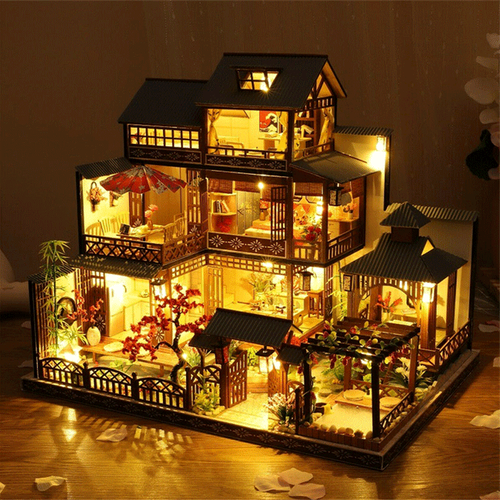 Mosrugs | Large Realistic Wooden Dollhouse with LED Lights | DIY Miniature Playhouse