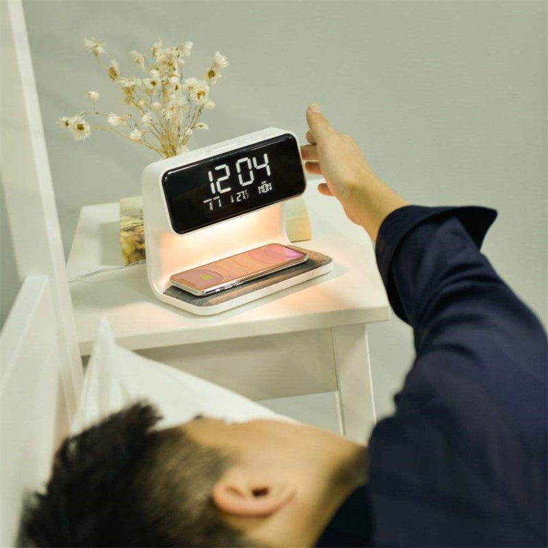 Mosrugs | 3-in-1 Bedside Lamp with Wireless Charger – LCD Alarm Clock & Touch Dimmable LED Table Lamp