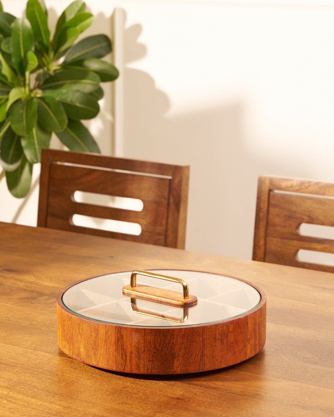 Mosrugs | BambooSpin – 9-Compartment Serving Tray with Rotating Lid | Premium Bamboo Snack Platter