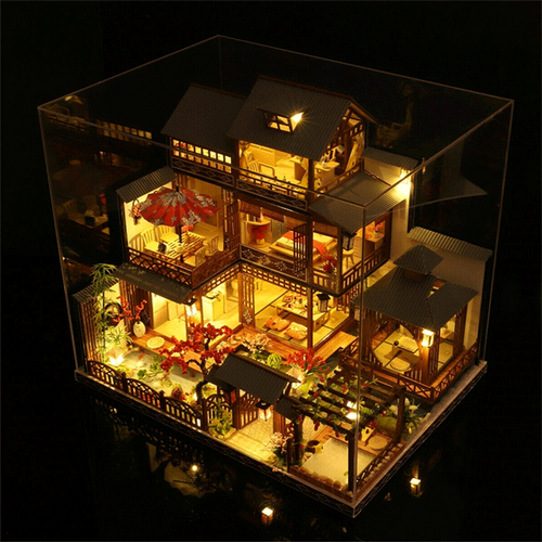 Mosrugs | Large Realistic Wooden Dollhouse with LED Lights | DIY Miniature Playhouse
