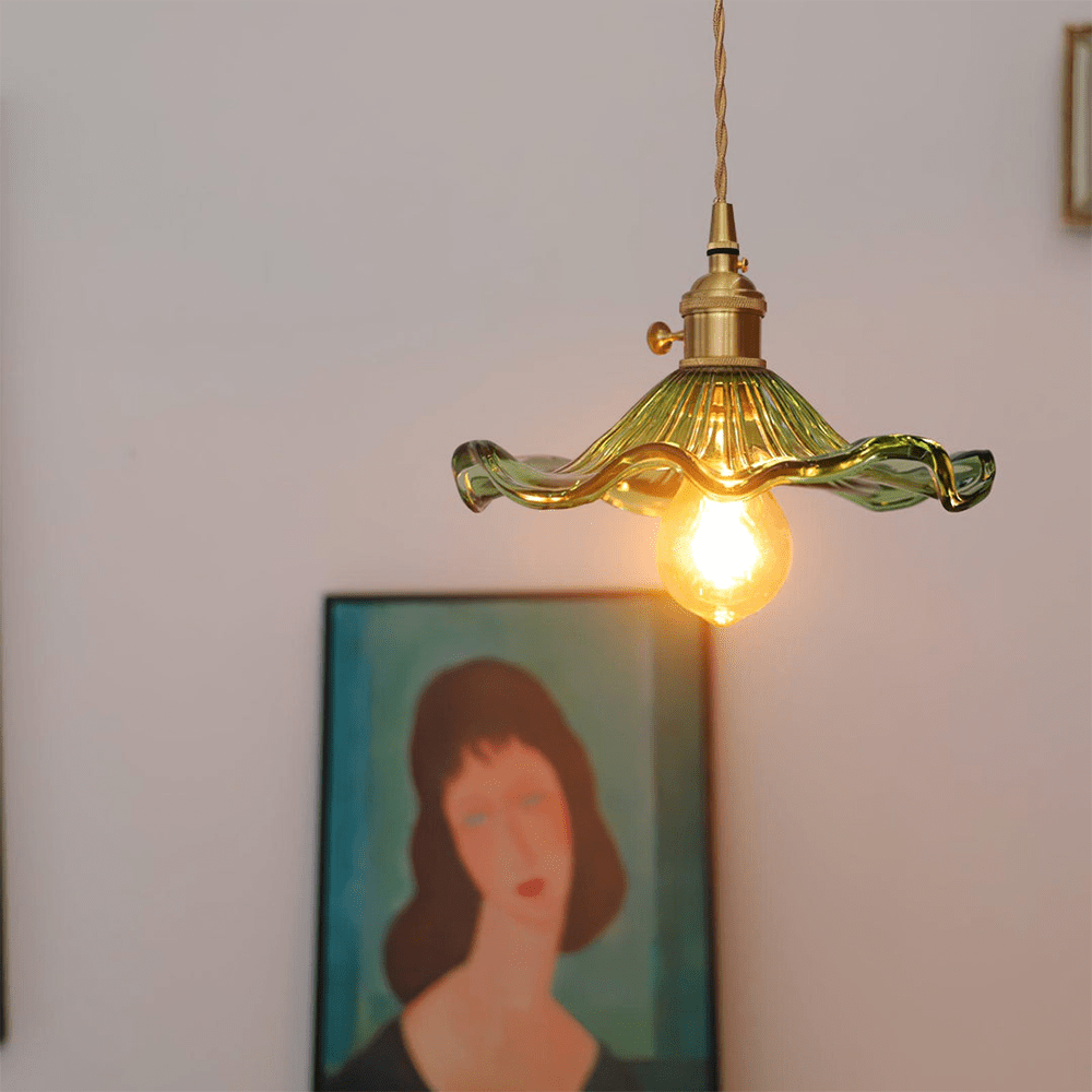 Mosrugs | Elegant Hibiscus Flower Pendant Light – Glass & Brass Hanging Lamp