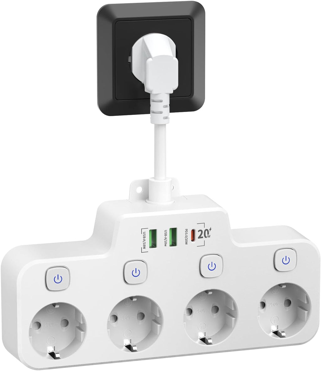 Mosrugs | Swivel Wall-Mounted Power Strip with Independent Switches – 3 Outlets + 2 USB-A + 1 USB-C Ports