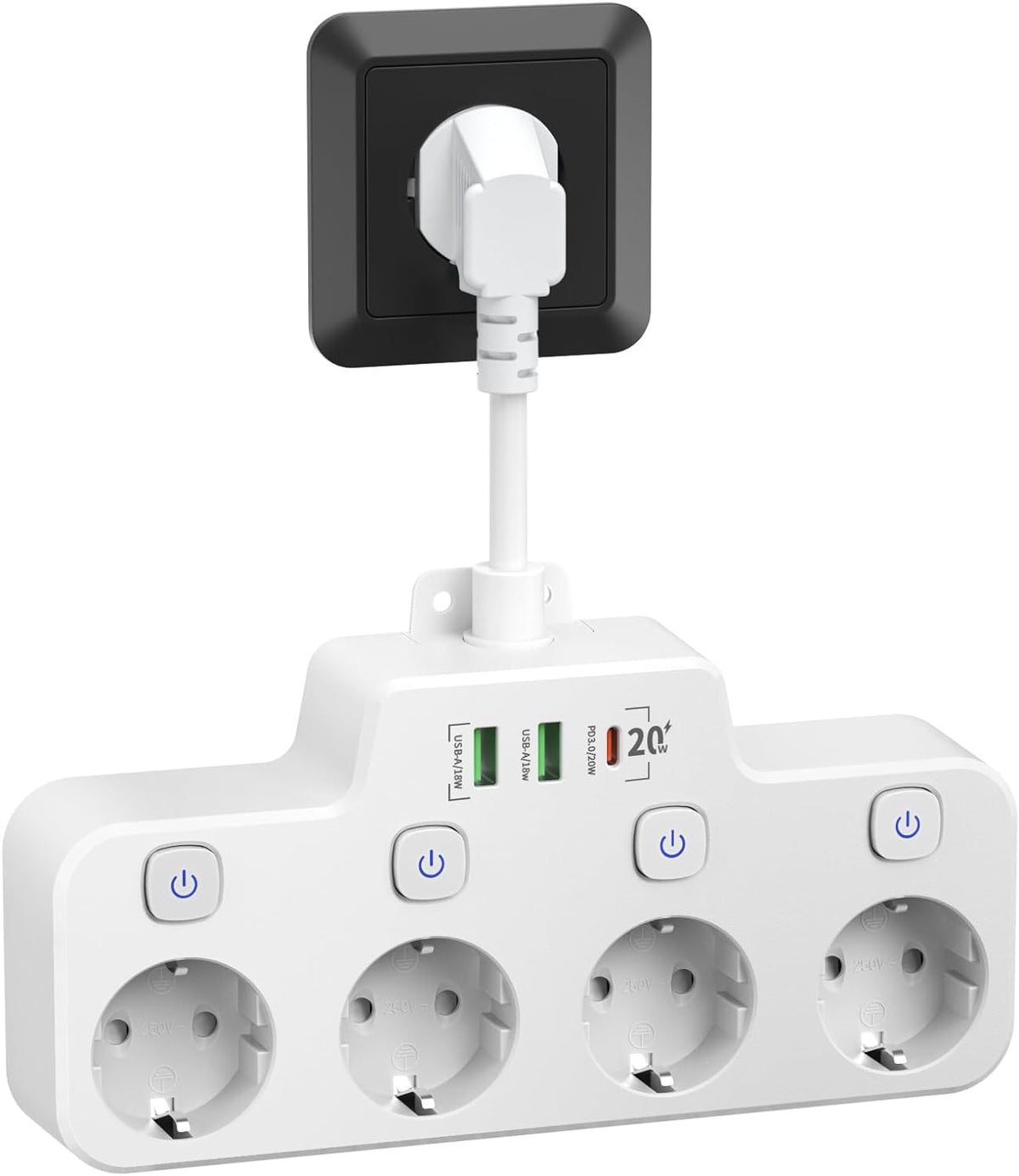 Mosrugs | Swivel Wall-Mounted Power Strip with Independent Switches – 3 Outlets + 2 USB-A + 1 USB-C Ports