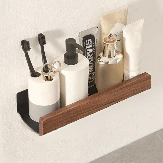 Mosrugs | Solid Wood Bathroom Shelf – No-Drill Wall-Mounted Organiser Rack