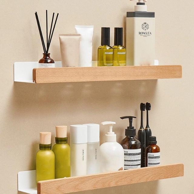 Mosrugs | Solid Wood Bathroom Shelf – No-Drill Wall Mounted Bathroom Organiser