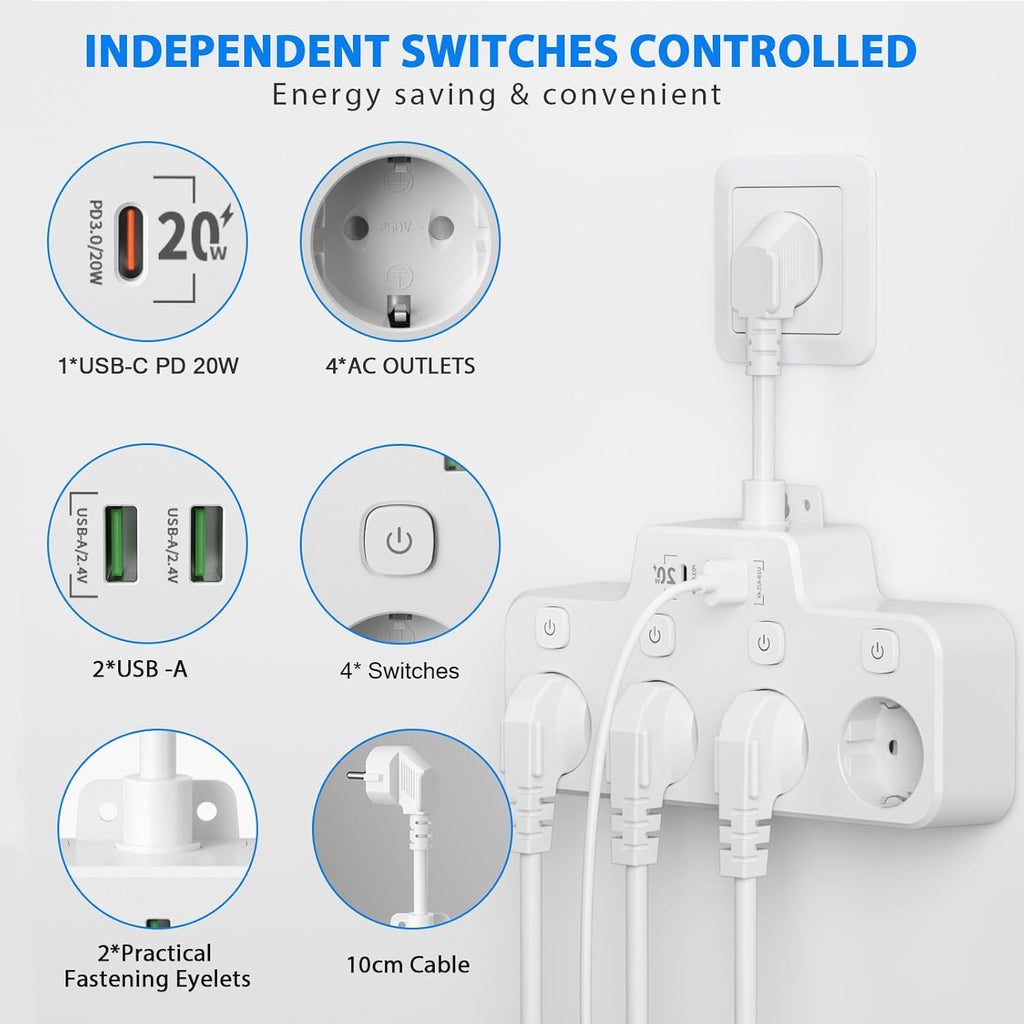 Mosrugs | Swivel Wall-Mounted Power Strip with Independent Switches – 3 Outlets + 2 USB-A + 1 USB-C Ports