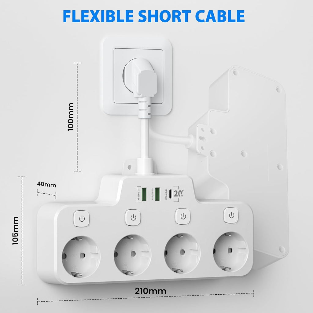 Mosrugs | Swivel Wall-Mounted Power Strip with Independent Switches – 3 Outlets + 2 USB-A + 1 USB-C Ports