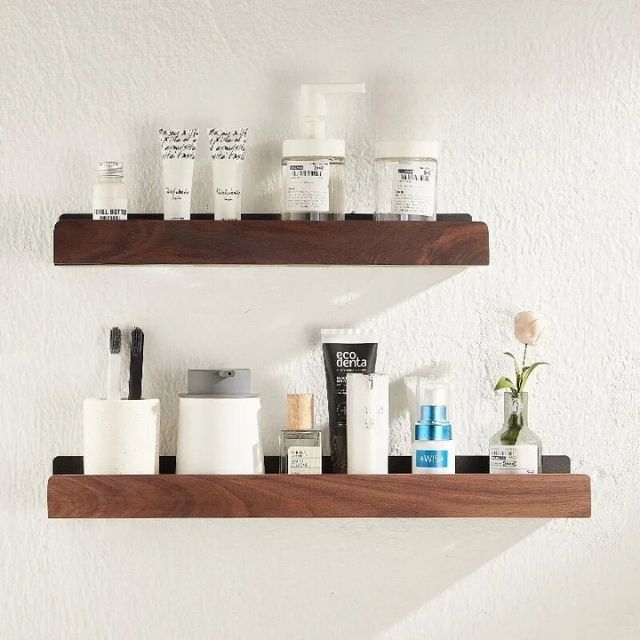 Mosrugs | Solid Wood Bathroom Shelf – No-Drill Wall-Mounted Organiser Rack