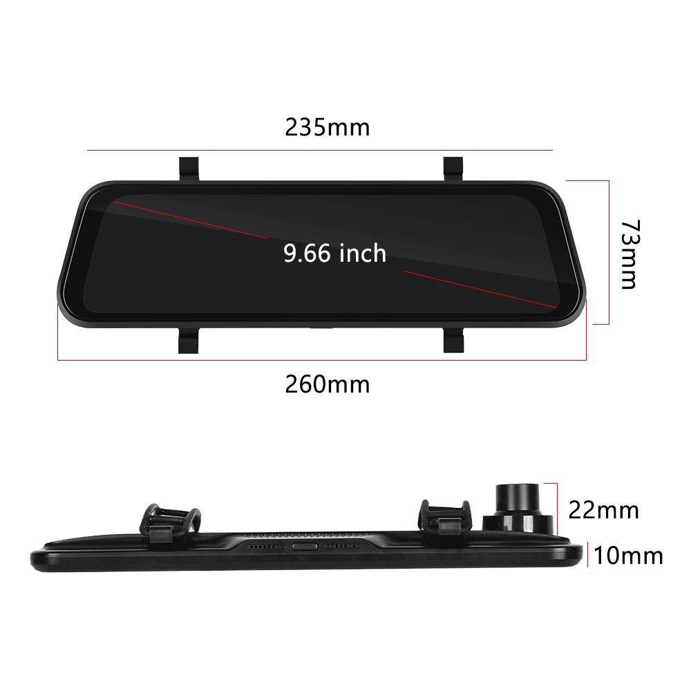 Mirror Dash Cam with 9.66-Inch Touchscreen, Dual 1280×720P Cameras and GPS