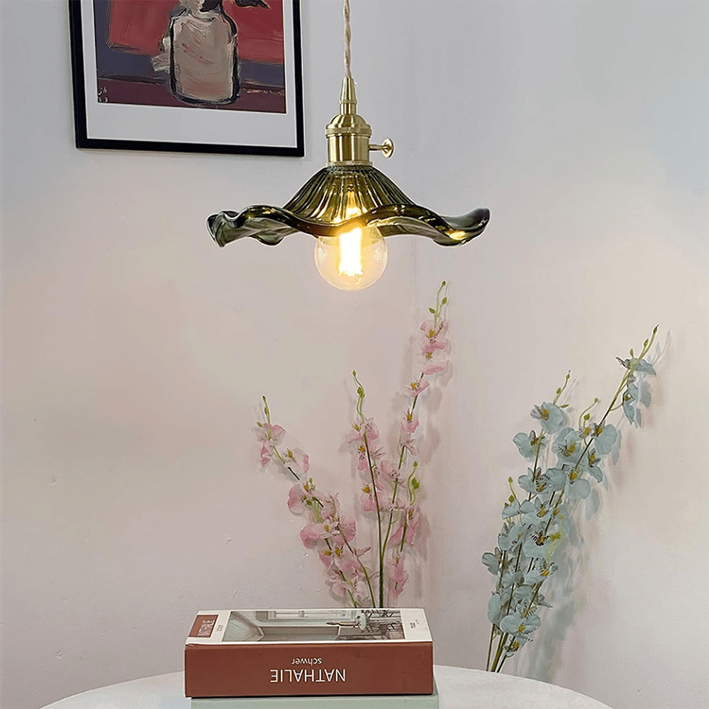 Mosrugs | Elegant Hibiscus Flower Pendant Light – Glass & Brass Hanging Lamp