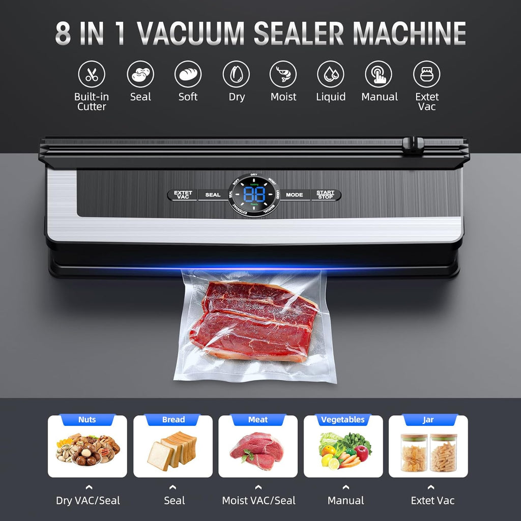 Mosrugs | 8-in-1 Vacuum Sealer with Built-In Cutter | Food Saver Machine for Dry & Moist Foods