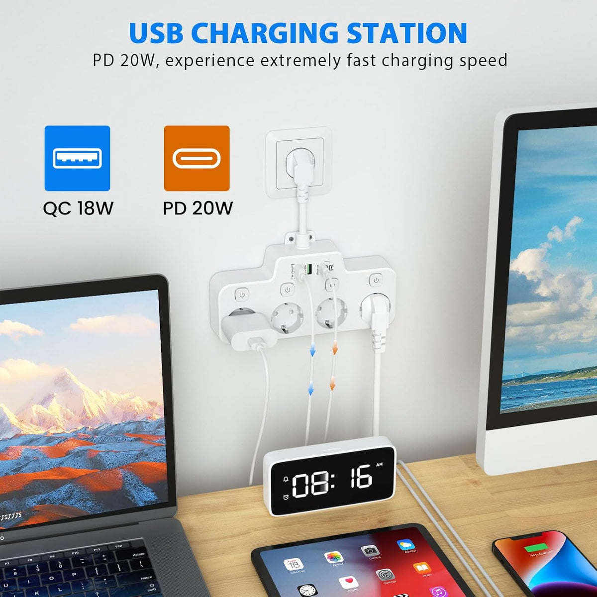 Mosrugs | Swivel Wall-Mounted Power Strip with Independent Switches – 3 Outlets + 2 USB-A + 1 USB-C Ports