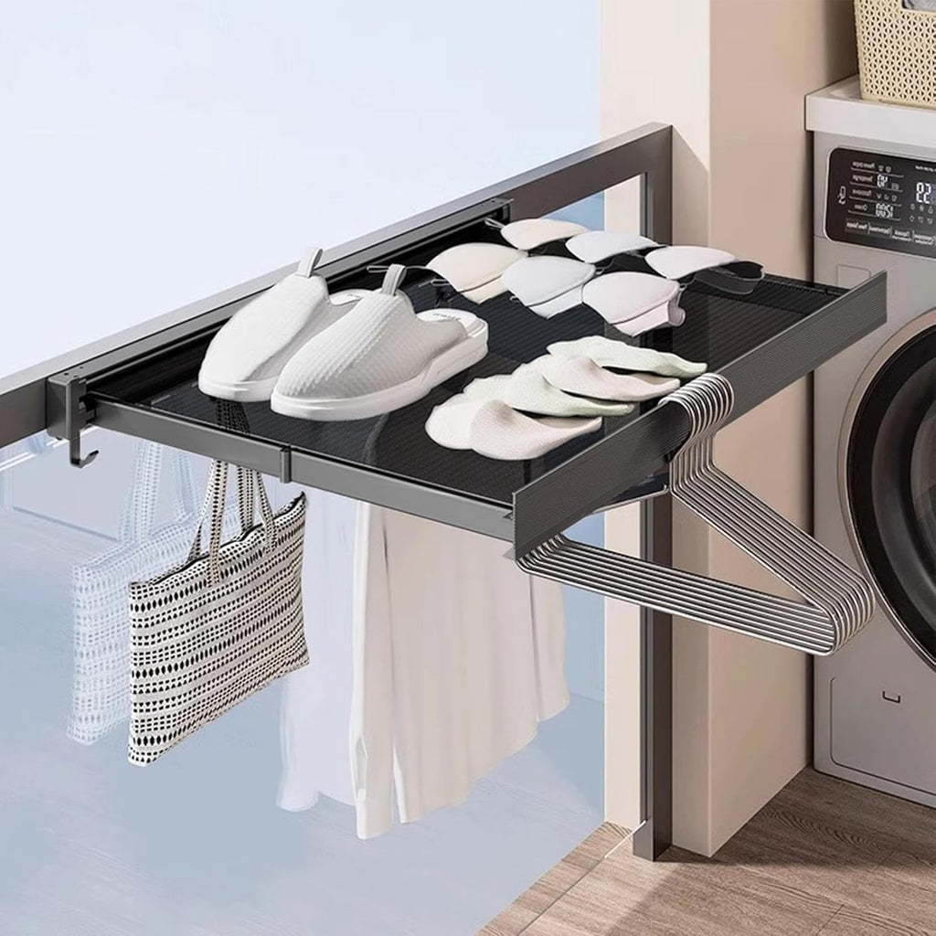 Wall-Mounted Foldable Clothes Drying Rack with Grid Shelf and Hook Rail