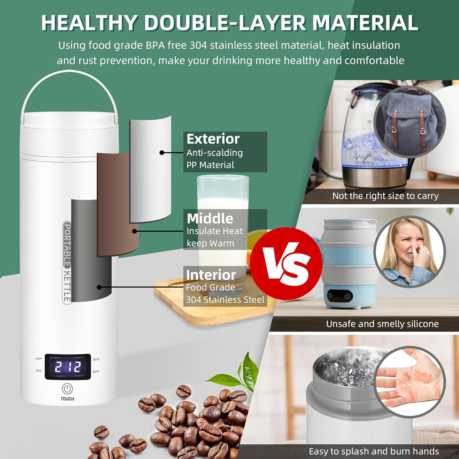 Mosrugs | Portable Electric Travel Kettle | Compact Stainless Steel Smart Kettle with LCD