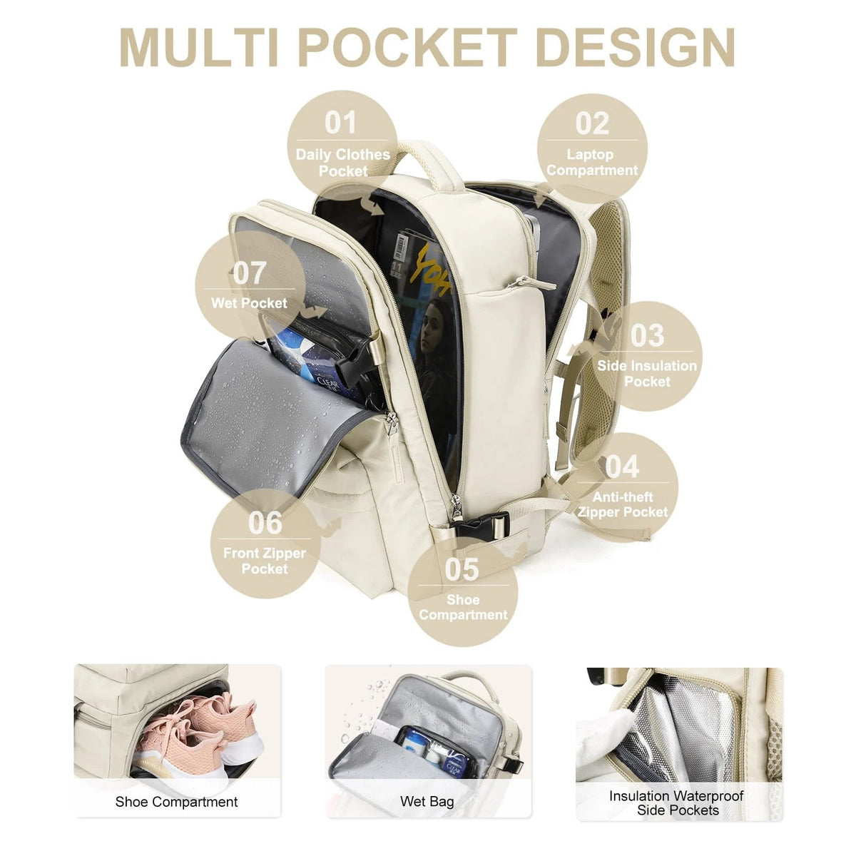 Mosrugs | Women's Large Travel Backpack – Waterproof Hiking Rucksack | Anti-Theft & USB Charging
