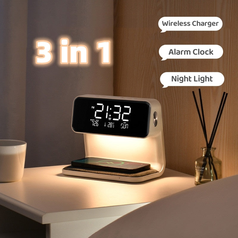 Mosrugs | 3-in-1 Bedside Lamp with Wireless Charger – LCD Alarm Clock & Touch Dimmable LED Table Lamp