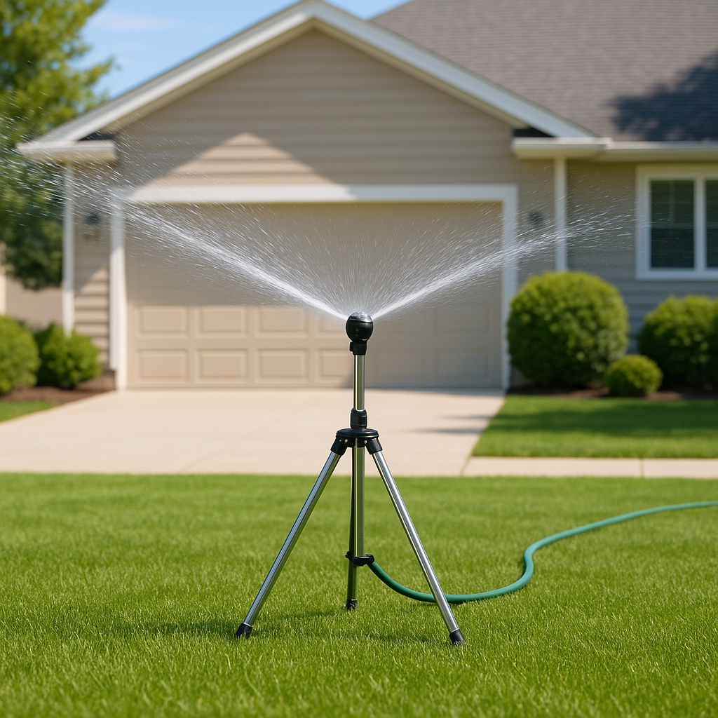 Mosrugs | Adjustable 360° Garden Sprinkler on Tripod – Stainless Steel Height-Adjustable Lawn Irrigation System