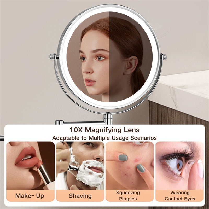 Mosrugs | Rechargeable Wall Mounted Shaving Mirror | 360° Rotation. 1X/10X Magnification & Adjustable LED Lighting for Bathroom Use